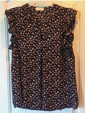 Perfect Peach Floral Black Pink White Floral Sleeveless Ruffle Blouse Size S